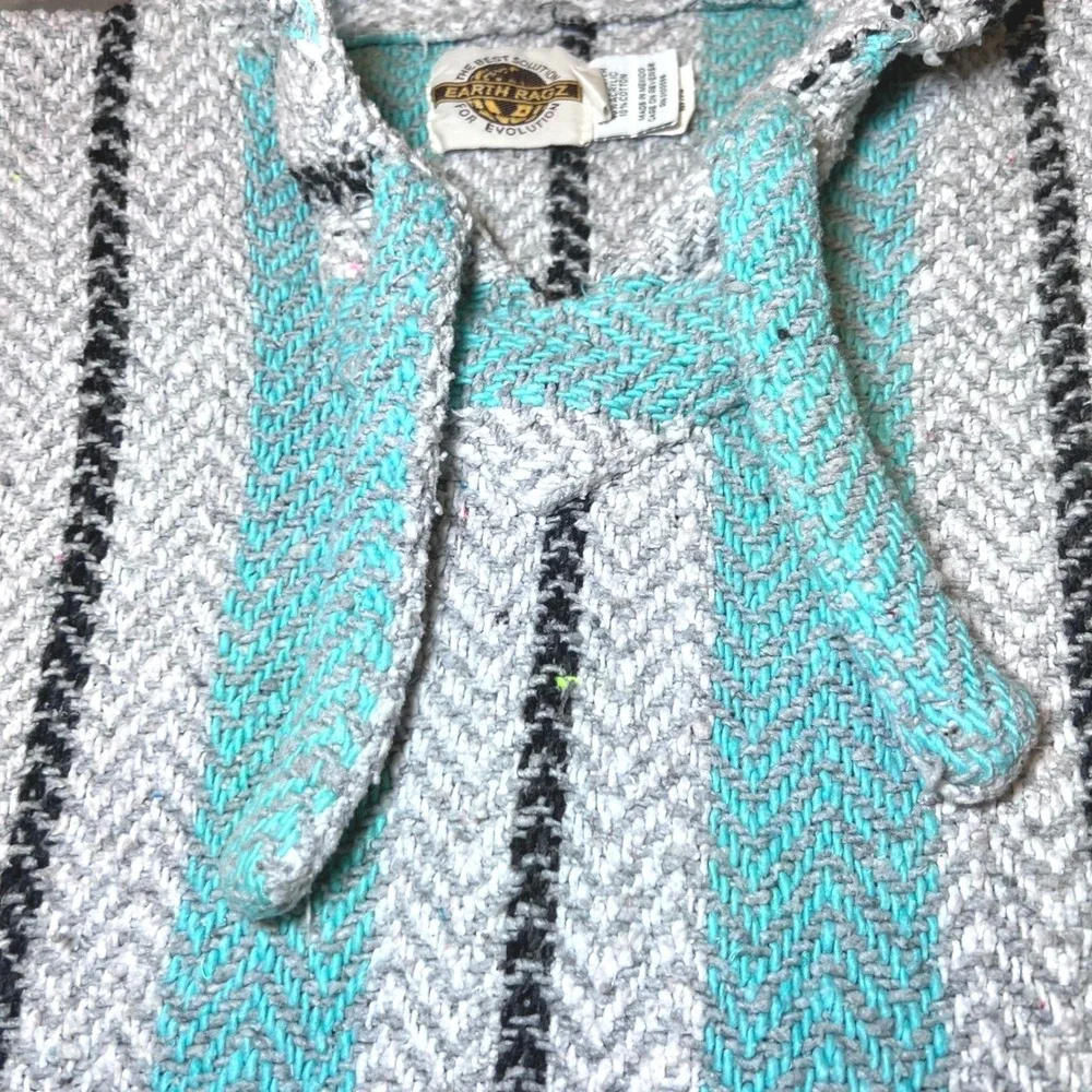 Earth Ragz Size Small Baja Hoodie Turquoise Teal Grey Striped Mexican Poncho - Picture 8 of 13